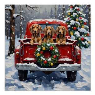 Bluetick Coonhound Christmas Red Truck Holiday Poster