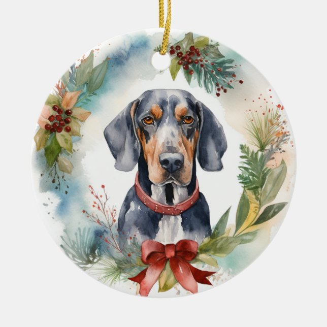 Bluetick Coonhound Christmas Wreath Festive Pup  Ceramic Ornament (Front)