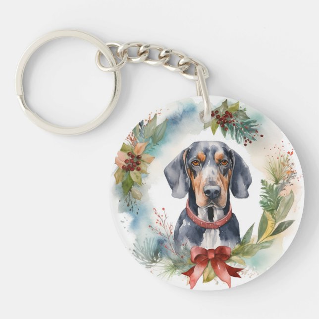 Bluetick Coonhound Christmas Wreath Festive Pup  Keychain (Front)