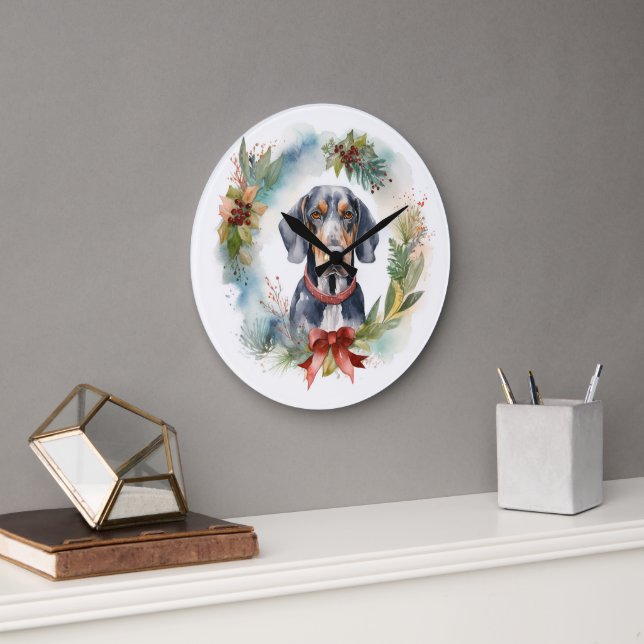 Bluetick Coonhound Christmas Wreath Festive Pup  Large Clock (Office)