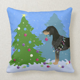Bluetick Coonhound Decorating Christmas Tree Throw Pillow