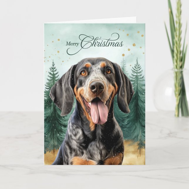 Bluetick Coonhound Dog and Winter Forest Holiday Card (Front)