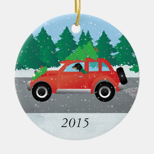 Bluetick Coonhound Dog Driving Christmas Car Ceramic Ornament (Front)