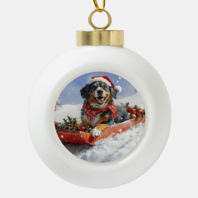 Bluetick Coonhound Dog in Sledge Christmas Ceramic Ball Christmas Ornament (Front)