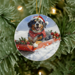 Bluetick Coonhound Dog in Sledge Christmas Ceramic Ornament