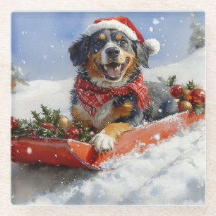 Bluetick Coonhound Dog in Sledge Christmas Glass Coaster