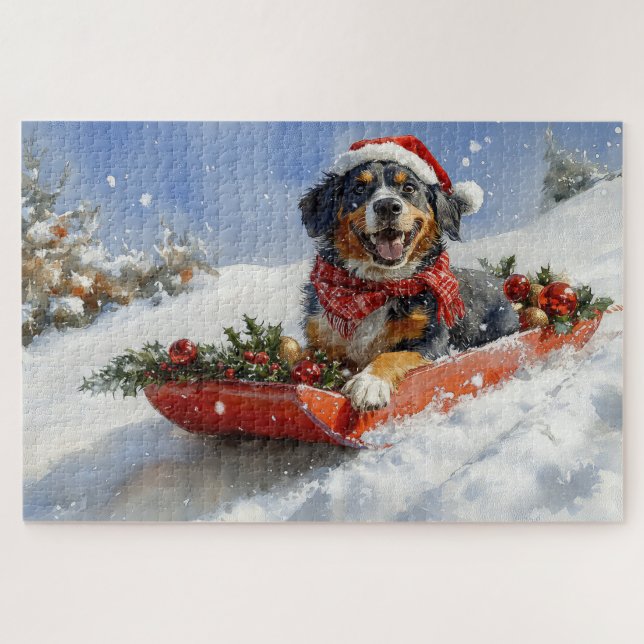 Bluetick Coonhound Dog in Sledge Christmas Jigsaw Puzzle (Horizontal)