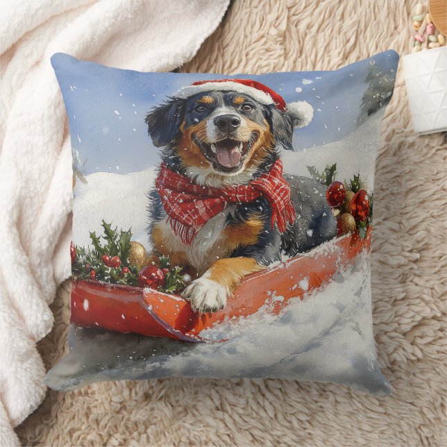 Bluetick Coonhound Dog in Sledge Christmas Throw Pillow (Blanket)
