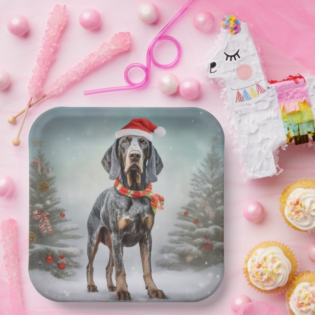 Bluetick Coonhound Dog in Snow Christmas  Paper Plate (Party)