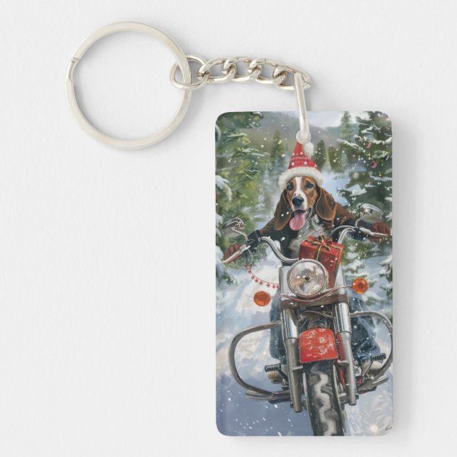 Bluetick Coonhound Dog Riding Motorcycle Christmas Keychain (Front)