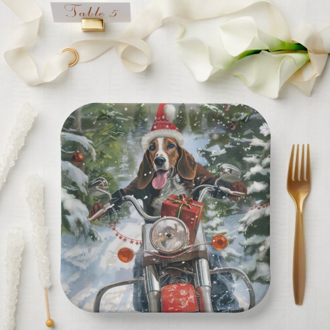 Bluetick Coonhound Dog Riding Motorcycle Christmas Paper Plate (Wedding)