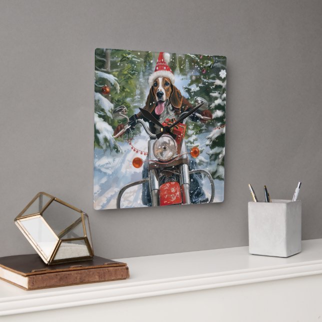 Bluetick Coonhound Dog Riding Motorcycle Christmas Square Wall Clock (Office)