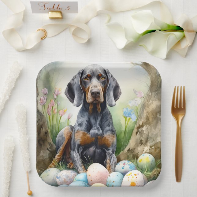 Bluetick Coonhound Dog with Easter Eggs Holiday  Paper Plate (Wedding)
