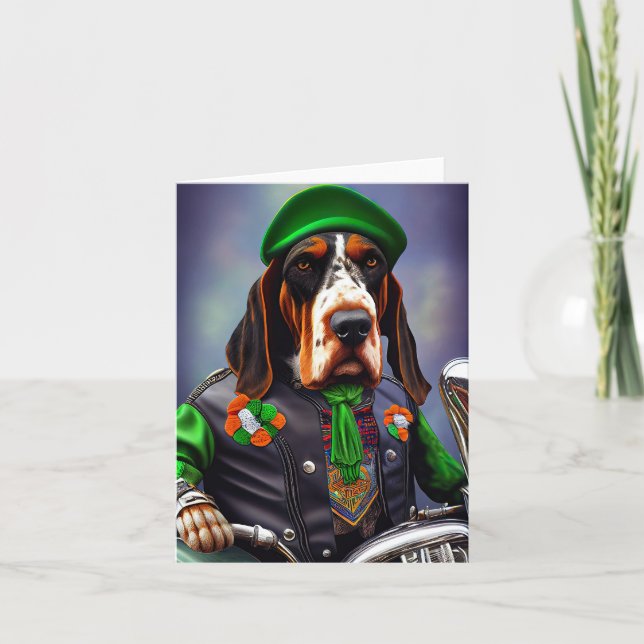 Bluetick Coonhound Driving Bike St. Patrick's Day  Card (Front)