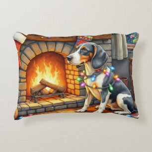 Bluetick Coonhound Fireplace with Christmas Lights Accent Pillow