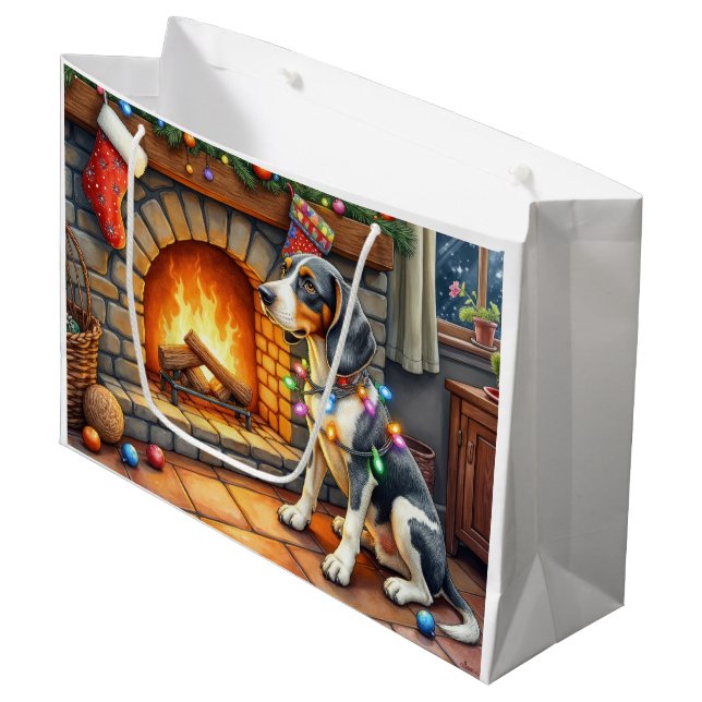 Bluetick Coonhound Fireplace with Christmas Lights Large Gift Bag (Front Angled)