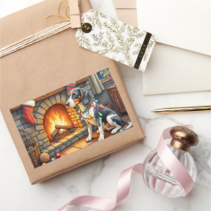 Bluetick Coonhound Fireplace with Christmas Lights Sticker