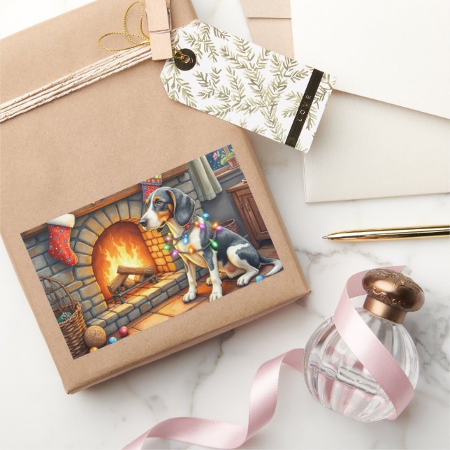 Bluetick Coonhound Fireplace with Christmas Lights Sticker (Gifting)