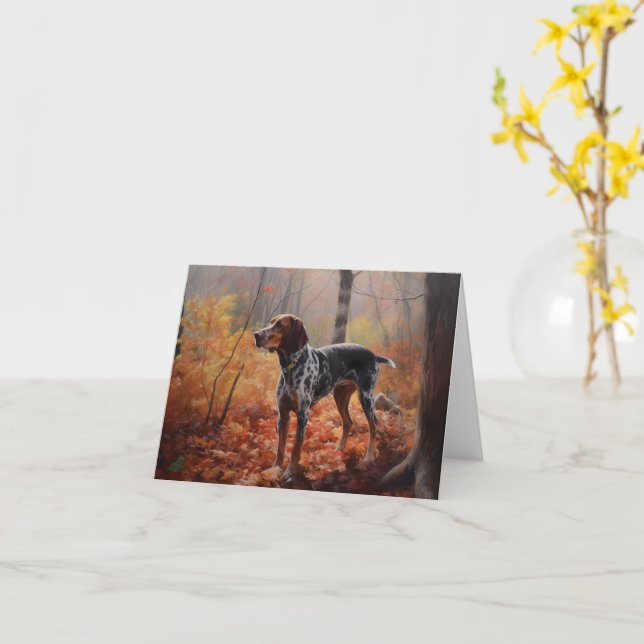 Bluetick Coonhound in Autumn Leaves Fall Inspire Card (Yellow Flower)