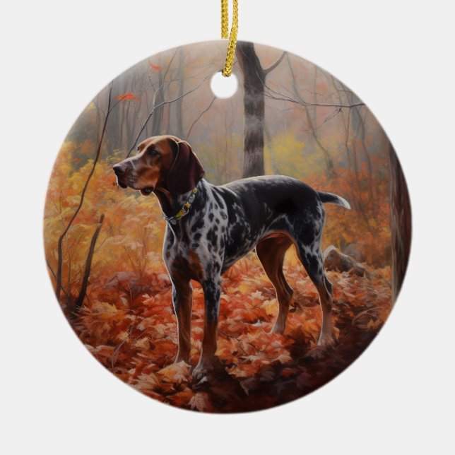 Bluetick Coonhound in Autumn Leaves Fall Inspire Ceramic Ornament (Front)