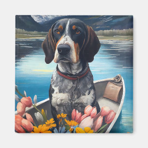 Bluetick Coonhound on a Paddle: A Scenic Adventure Magnet