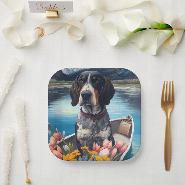 Bluetick Coonhound on a Paddle: A Scenic Adventure Paper Plate (Wedding)