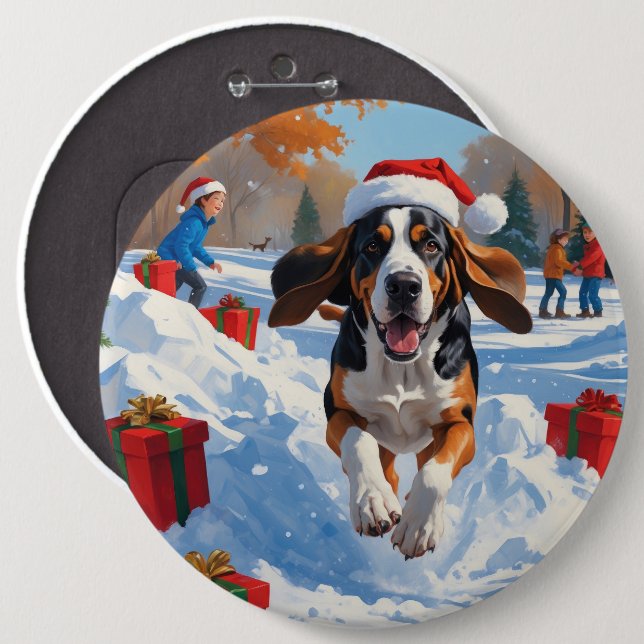 Bluetick Coonhound Running in Snow with Christmas  6 Inch Round Button (Front & Back)