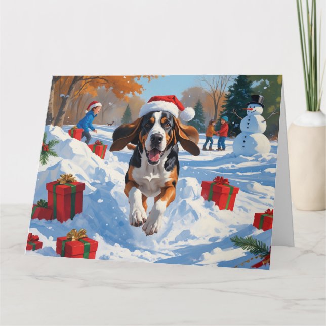 Bluetick Coonhound Running in Snow with Christmas  Card (Front)
