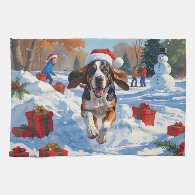 Bluetick Coonhound Running in Snow with Christmas  Kitchen Towel (Horizontal)