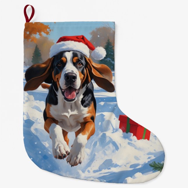 Bluetick Coonhound Running in Snow with Christmas  Large Christmas Stocking (Front)