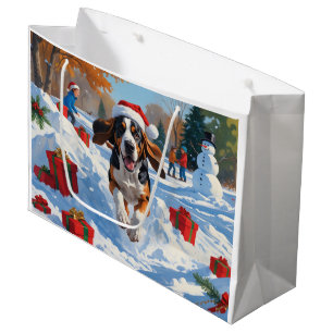 Bluetick Coonhound Running in Snow with Christmas  Large Gift Bag