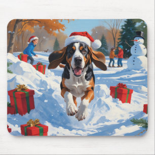 Bluetick Coonhound Running in Snow with Christmas  Mouse Pad