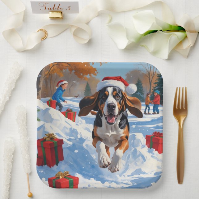 Bluetick Coonhound Running in Snow with Christmas  Paper Plate (Wedding)