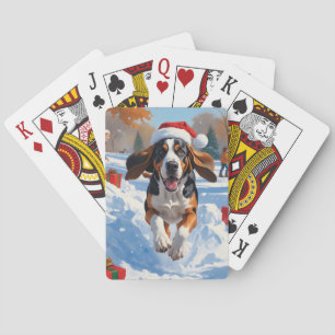 Bluetick Coonhound Running in Snow with Christmas  Playing Cards