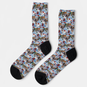 Bluetick Coonhound Running in Snow with Christmas Socks