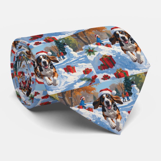 Bluetick Coonhound Running in Snow with Christmas  Tie (Rolled)