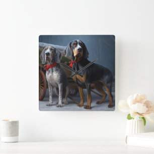 Bluetick Coonhound Snowy Sleigh Christmas Decor Square Wall Clock