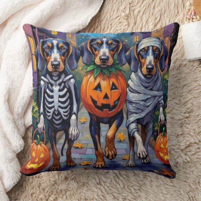 Bluetick Coonhound Trick-or-Treating In Halloween Throw Pillow (Blanket)