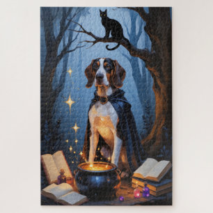 Bluetick Coonhound Whimsical Halloween Painting Jigsaw Puzzle