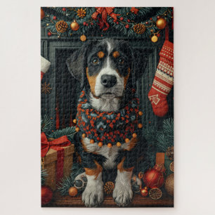 Bluetick Coonhound with Christmas Gifts Fireplace Jigsaw Puzzle