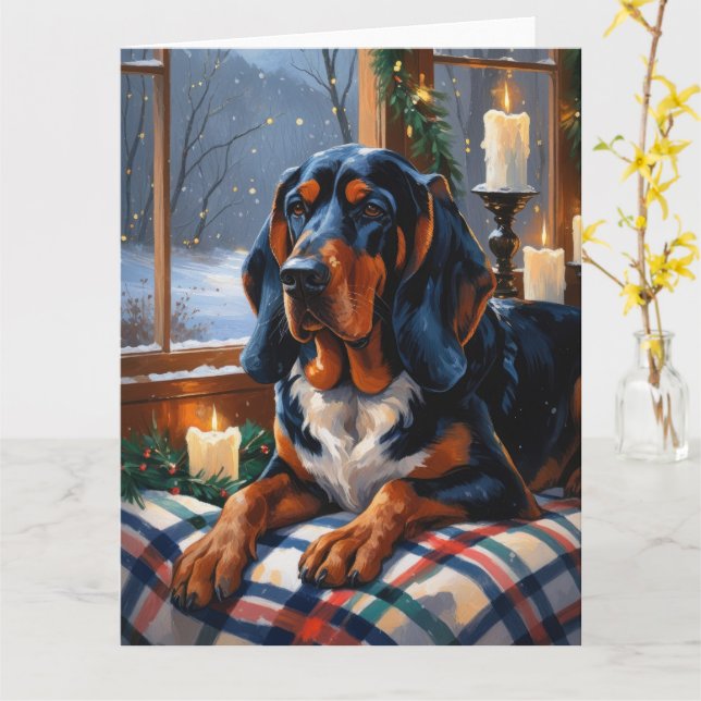Bluetick Coonhound With Christmas Lights Holiday Card (Yellow Flower)