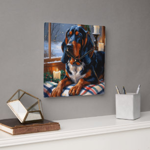 Bluetick Coonhound With Christmas Lights Holiday Square Wall Clock