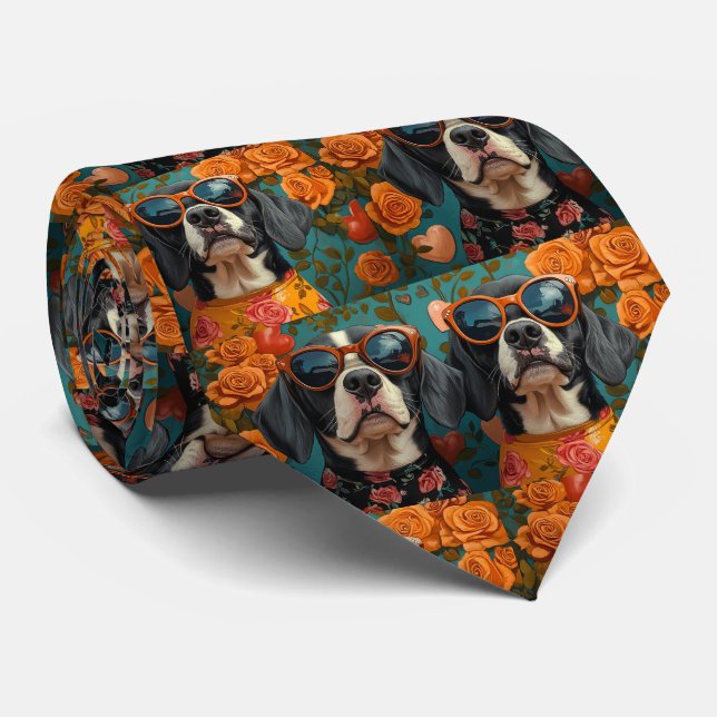 Bluetick Coonhound With Heart Rose Valentine's Day Tie (Rolled)