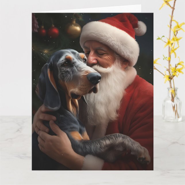 Bluetick Coonhound With Santa Claus Christmas Card (Yellow Flower)