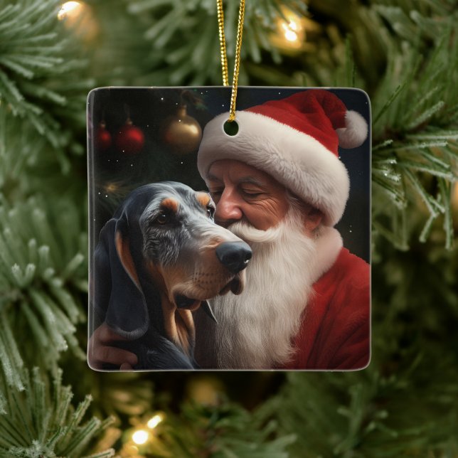 Bluetick Coonhound With Santa Claus Christmas Ceramic Ornament (Tree)