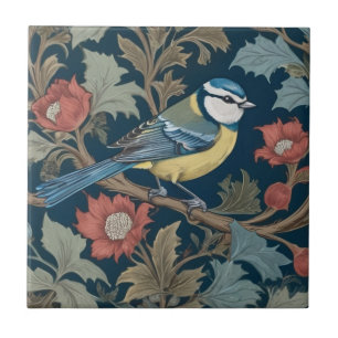 Bluetit William Morris style Right Bird Blue Tit  Tile