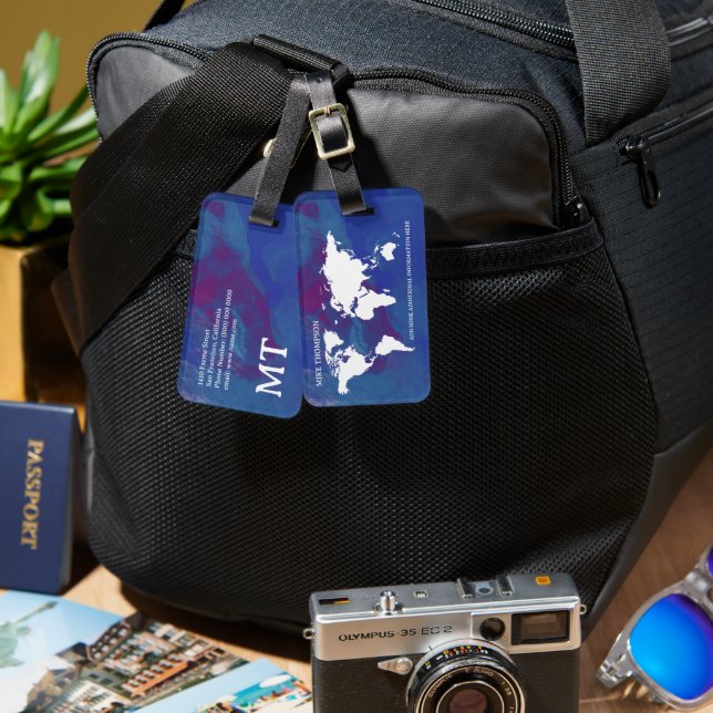Bluish Abstraction with World Map Luggage Tag (Front & Back)