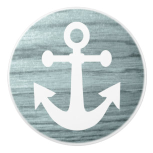 Bluish Aged Wood Look Print with Nautical Anchor Ceramic Knob