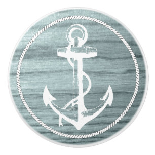 Bluish Aged Wood Look Print with Nautical Anchor Ceramic Knob