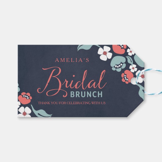 Bluish Chalkboard Floral Bridal Brunch Gift Tag (Front (Horizontal))